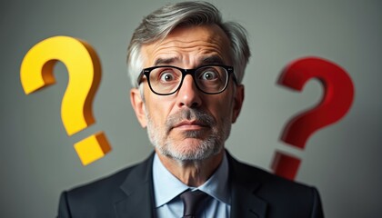 Middle-aged businessman in suit looks surprised, confused. Wears glasses, grey hair, beard. Two big question marks float around. Man faces serious business challenge, needs solution, makes tough
