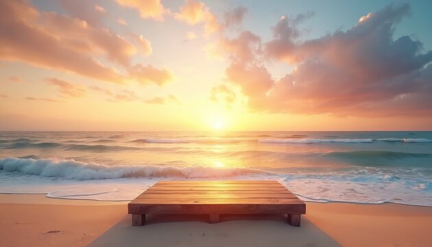 Golden sunset light warms calm ocean waves, soft sandy beach. Rustic wooden platform rests by water, reflecting glow. Tranquil nature scene captures evening serenity, offering peaceful escape for - Powered by Adobe
