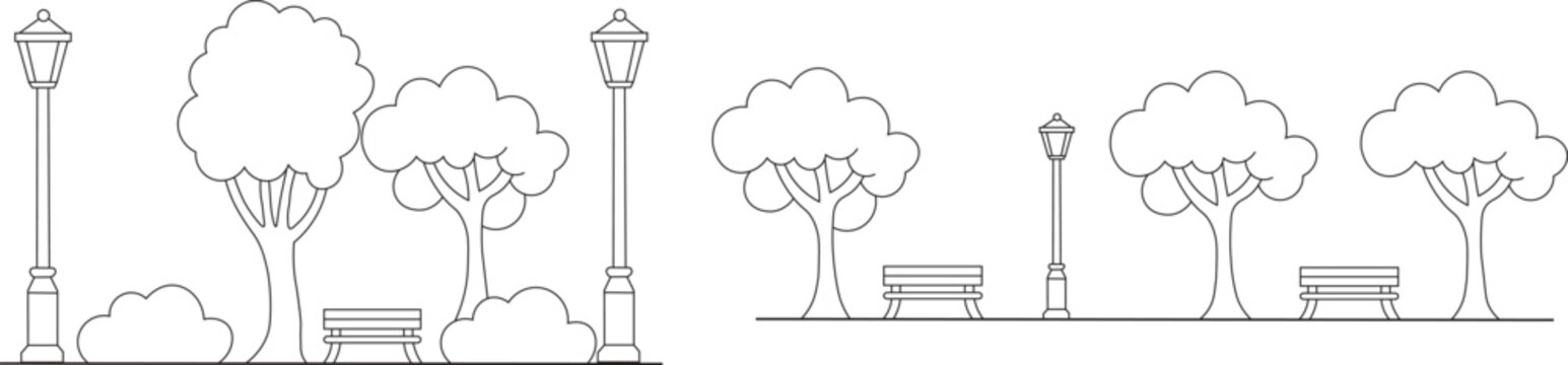 Park features, such as trees, plants, benches, and street lighting, are shown in this minimalistic outline vector illustration.