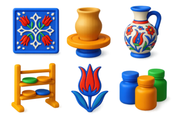 Turkish Ceramics Icons. 3D icon set of Turkish ceramics: blue Iznik tile, pottery wheel, hand-painted vase, drying rack, stylized