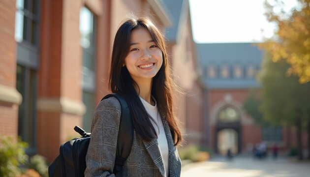 Young asian student smiles broadly in front of university building. Woman wears blazer and backpack, ready for class. Sunny day on campus, autumn trees.