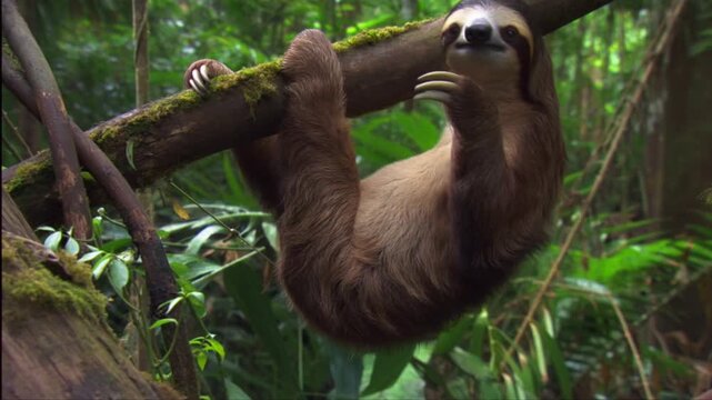 A sloth gracefully hanging from a tree branch, embodying tranquility within a vibrant rainforest setting. It has soft brown fur and long claws, creating a captivating scene Stock Video