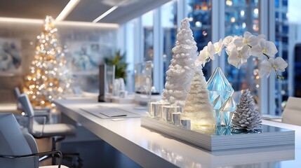 Modern office Christmas decor with illuminated trees, elegant orchids, and cityscape view creating a festive and sophisticated holiday atmosphere in a high-rise setting