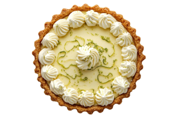 Key Lime Pie with whipped cream swirls top view isolated on white background