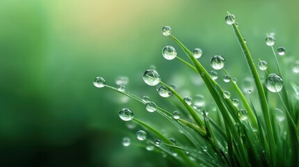 Naklejka premium Close-Up View of Fresh Green Grass Blades with Water Droplets Glimmering Under Natural Light in a Serene Nature Setting