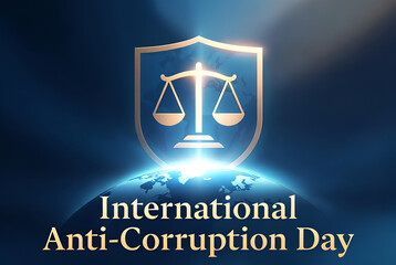International Anti-Corruption Day global justice shield with golden scales and earth on dark blue background
