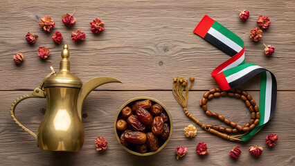 UAE National heritage flat lay background with coffee dates and flag ribbon on wood