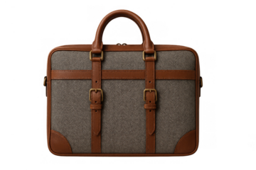 Briefcase with tweed texture and leather accents, vintage style carrying bag for business and travel, transparent background