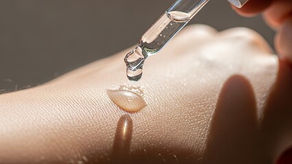 Close Up of Droplet of Serum Falling Onto Skin in Skincare Treatment