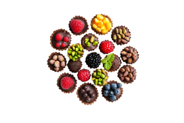 top view assorted tasty sweet tartlets with fresh berries chocolate nuts and pistachio on dessert white plate and isolated on white background