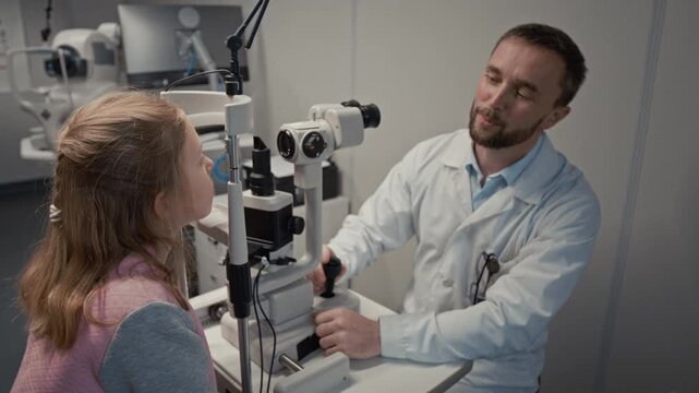Medium shot of smiling male doctor giving candy to girl after eye exam with slit lamp in ophthalmology clinic