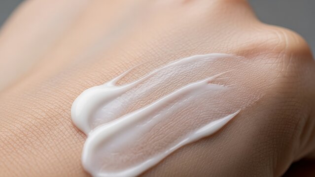 Close Up of Skin with Cream Application on Hand in Natural Light - Powered by Adobe