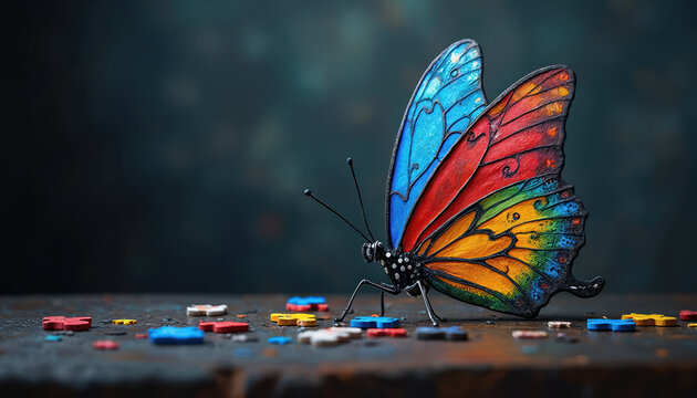 Colorful puzzle butterfly rests on surface with scattered puzzle pieces. Symbolizes autism awareness, neurodiversity, and acceptance. Represents unique journeys and individuality.