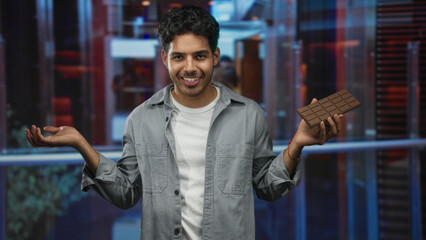 Man holding a chocolate bar with fingers visible and examining it in a modern glass building atrium; contemplation curiosity.