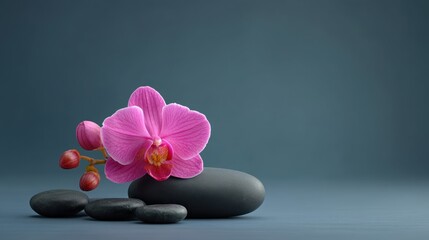 Delicate pink orchid flower arranged elegantly on smooth black stones for tranquil and serene interior design or wellness themes in stock photography