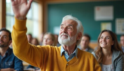 Elderly man raises hand in classroom. Attendees learn, listen to teacher, participate in group discussion. Diverse age students attend education training.