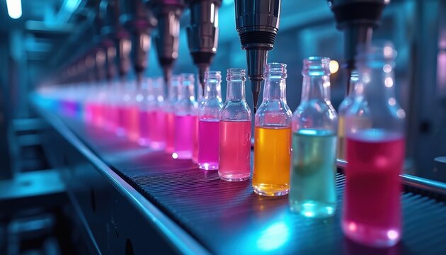 Automated filling machine processes colorful liquids into glass bottles on assembly line. Robotic arms ensure precision in modern factory setting. Futuristic production with bright vibrant colors.