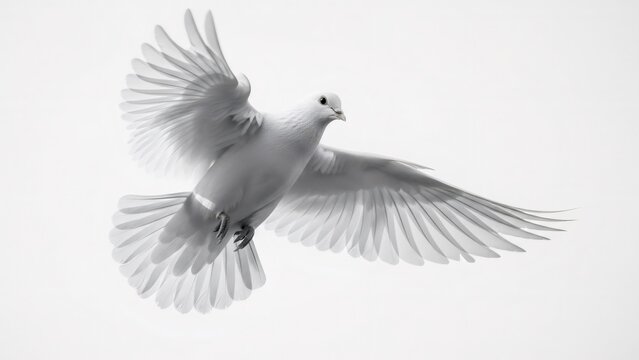 White dove flying with outstretched wings against a bright background, representing peace and freedom, ideal for spiritual or tranquil themes. Cloud Dancer Color of the Year 2026