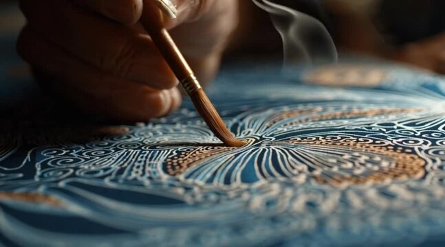 Artist's hand delicately painting intricate patterns on blue fabric with brush, creating vibrant batik art with precision and passion in creative process
