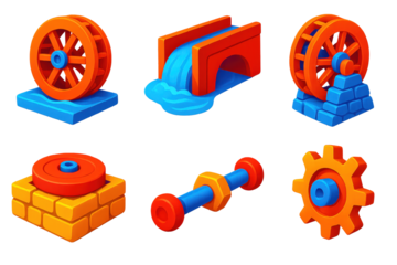 Old Water Power Icons. 3D icon set of old water power systems: wooden waterwheel, mill channel, overshot wheel, stone mill