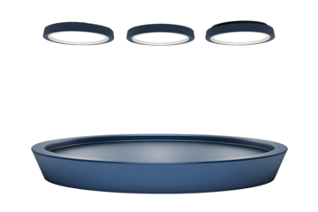 A blue podium under four ceiling spotlights isolated on a white background Clean layout for product display copy space exhibition 3D Rendering