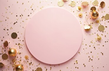 Pink background with golden glitter, shiny festive party decorations. Large round pink copy space for text product display. Elegant celebration holiday template design for New Year cards,