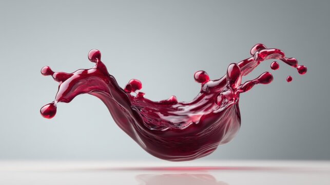Dynamic splash of red liquid captured in mid-air showing vivid texture and movement with a soft gray background for artistic and creative purposes