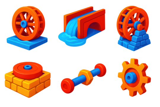 Old Water Power Icons. 3D icon set of old water power systems: wooden waterwheel, mill channel, overshot wheel, stone mill - Powered by Adobe