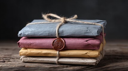 Vintage-styled packages tied with twine featuring colorful wrapping paper and wax seal resting on rustic wooden surface in soft lighting
