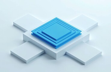 Abstract blue square layers sit on white geometric blocks in clean minimal design. Digital illustration shows layered shapes forming central core on light background. Modern tech concept data