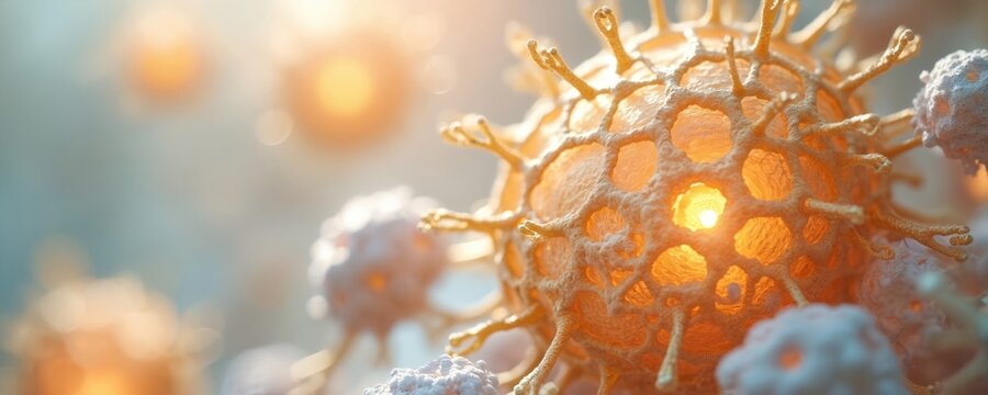 Microscopic view of virus particles with spiky outer shells. Cells appear orange and white in a blurred background with soft light. Medical science research imagery for health topics.