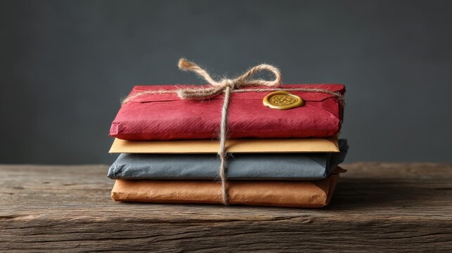 Elegant Stacked Letter Envelopes with Wax Seal on Rustic Wooden Surface for Vintage Style, Postal Art, or Creative Correspondence Uses