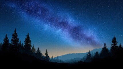 Fototapeta premium Serene Night Sky with Milky Way Above Dark Silhouetted Forest Landscape and Mountain Range in Background during Clear Twilight Hours