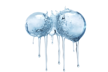 3 single big bubbles of ice starting to melt into each other with long drips coming off them 4k isolated white background