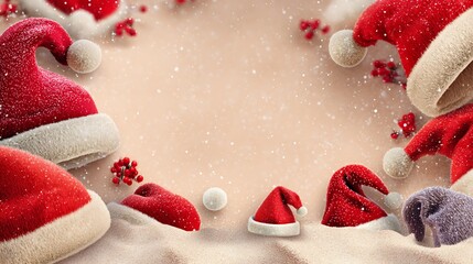 Festive Christmas Border with Santa Hats, Berries, and Snowflakes on a Sandy Beige Background, Holiday Season Decoration with Copy Space, High Detail