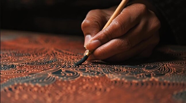 Crafting intricate batik art with a steady hand, an artist creates flowing patterns with warm, earthy tones in a mesmerizing dance of creativity