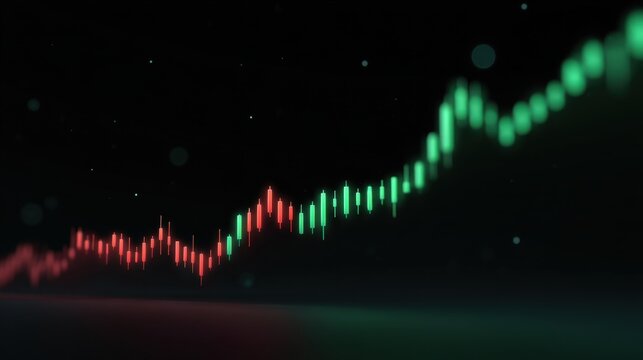 Abstract financial chart representation with rising green and falling red bars indicating market trends against a dark backdrop illuminated by soft lights