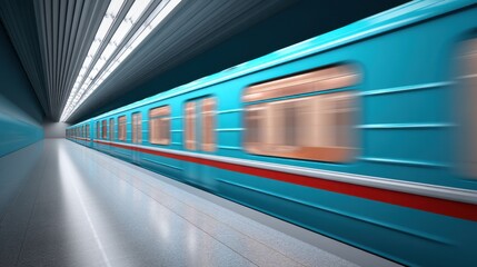 Blue Subway Train in Motion at Modern Urban Station with Sleek Design and Futuristic Ambiance Capturing a Dynamic Public Transport Scene