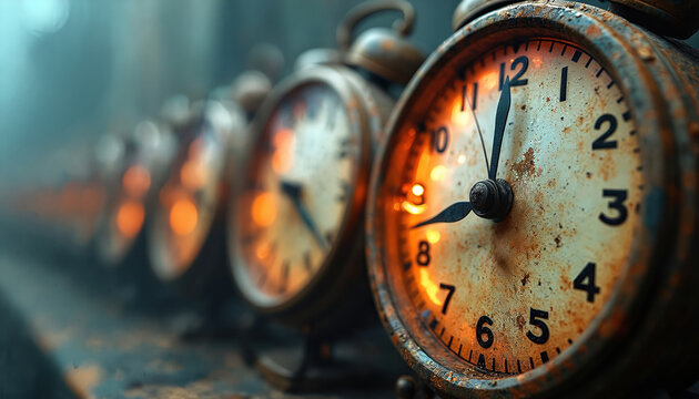 Row of old rusty alarm clocks stands in line. Shows time concept. Many vintage clock faces show worn numbers, textures. Clock hands blur, fast moving past, present, future moments. Suggests history,