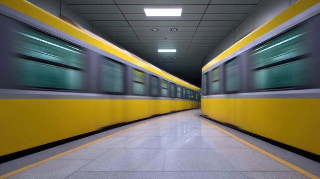 Yellow subway train moves through a modern underground station with sleek design, glowing lights, and smooth polished floor in urban environment