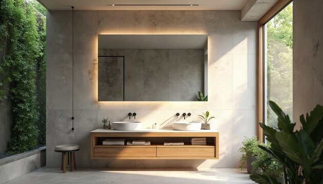 Modern bathroom features dual sinks, a large illuminated mirror, and wooden vanity. Rich green plants add natural beauty creating a serene spa like ambiance. Sunlight streams in from the large window.