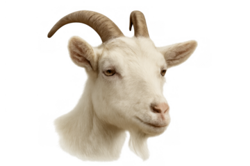 White domestic goat with curved horns and a beard, looking right. Animal head is isolated on a transparent background