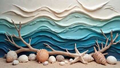 Seashells and driftwood on textured ocean background. Beach scene with seashells, driftwood and starfish on sand. Ocean waves in shades of blue and white.