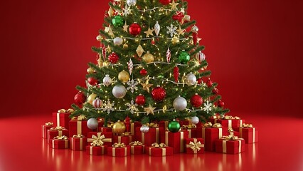 Beautiful decorated christmas tree with presents, festive red background for holiday celebration