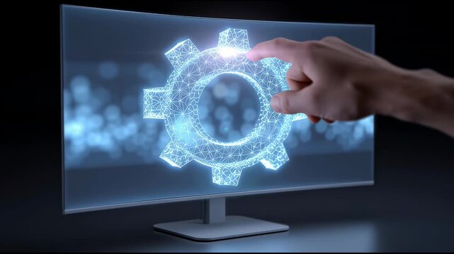 Person touches gear symbol on computer screen human engages with settings icon on responsive computer screen
