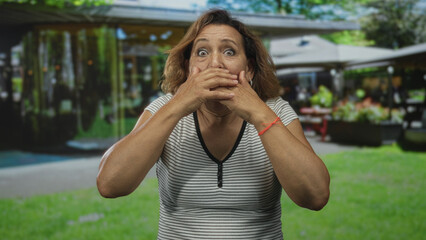 Fototapeta premium Woman in striped shirt covers mouth with hands in front of building outdoors on street; surprise reaction.