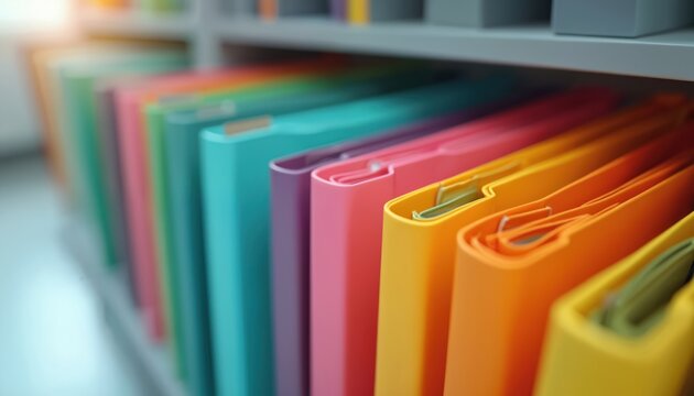 Shelf with row of colorful file folders, organized for efficient document storage. Various bright hues create a visually appealing orderly system for papers, supplies, and office paperwork.