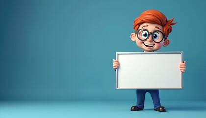 Happy cartoon boy with glasses holds blank white board for text. Kid smiles, thumbs up, shows message space on blue background. Fun character for ads and promotions.