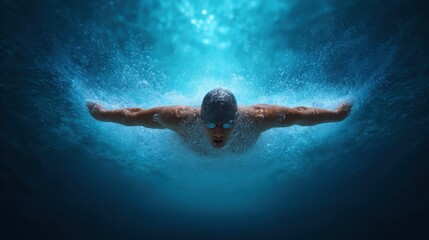 Dynamic Swimmer in Action Underwater, Capturing the Power and Elegance of Freestyle Stroke with Bubbles and Ripples in Crystal Clear Water