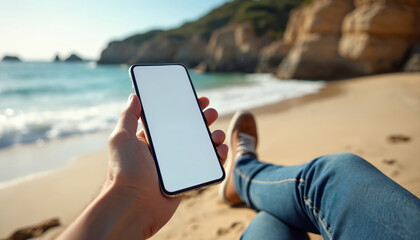 Person relaxes on sandy beach holding smartphone with blank screen. Ocean waves crash on shore. Blue sky above rocky cliffs. Leisure and work blend.